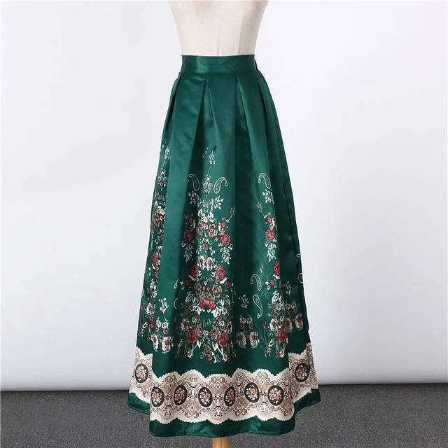 New Satin Women 100cm High Waist Flared Maxi Skirts Peach Blossom Printed Pleated Floor Length Long Skirts Saias SP041