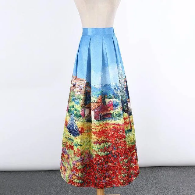 New Satin Women 100cm High Waist Flared Maxi Skirts Peach Blossom Printed Pleated Floor Length Long Skirts Saias SP041