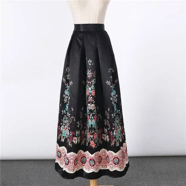 New Satin Women 100cm High Waist Flared Maxi Skirts Peach Blossom Printed Pleated Floor Length Long Skirts Saias SP041