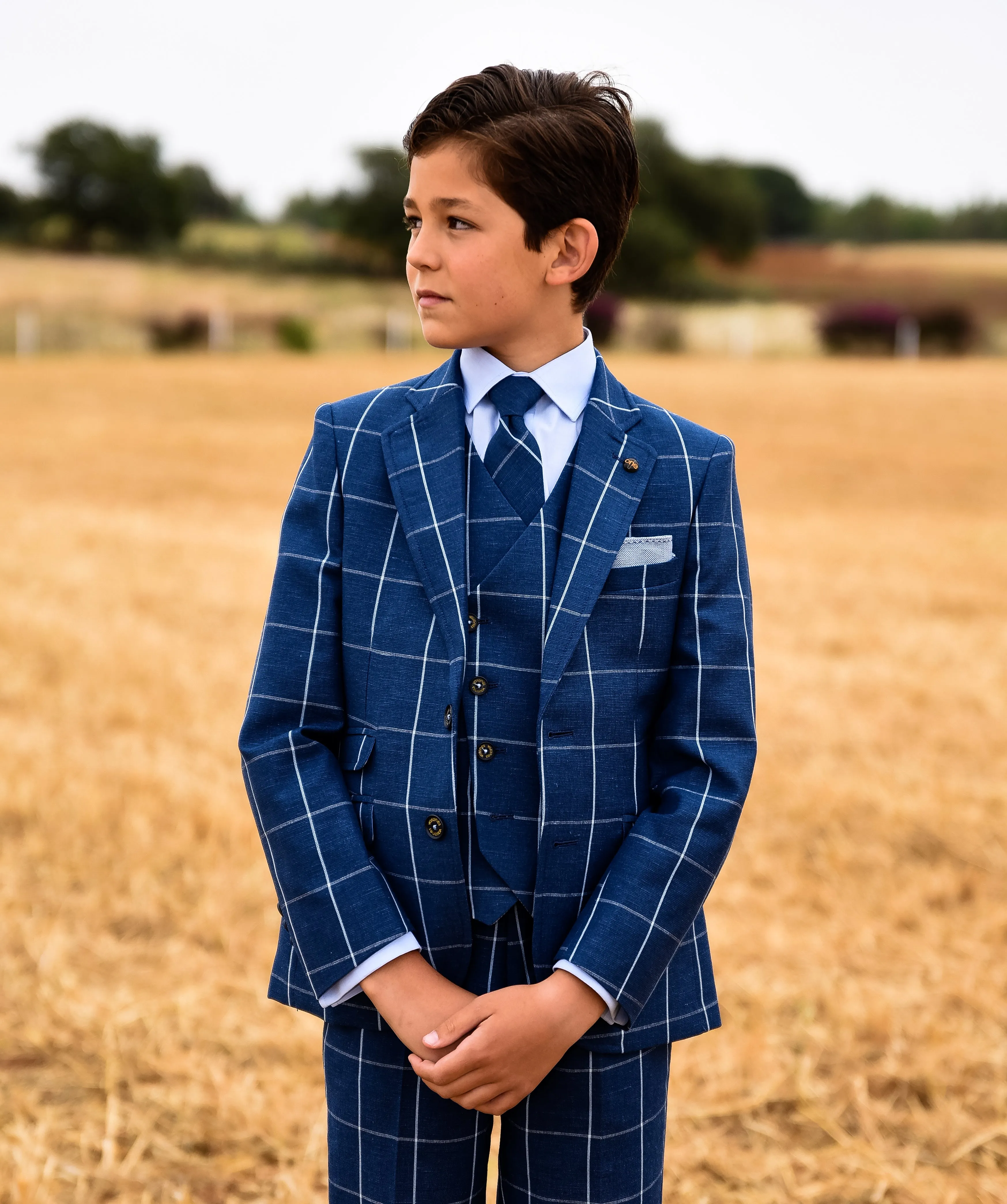 One Varones Boys Dark Blue Check Blazer