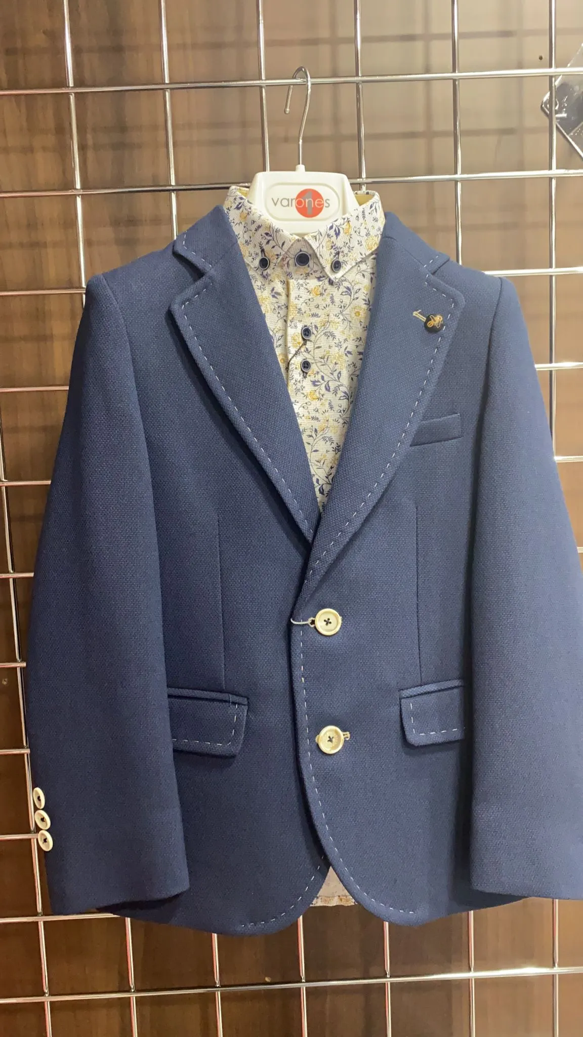 One Varones Boys Navy Blazer With Tan Stitching