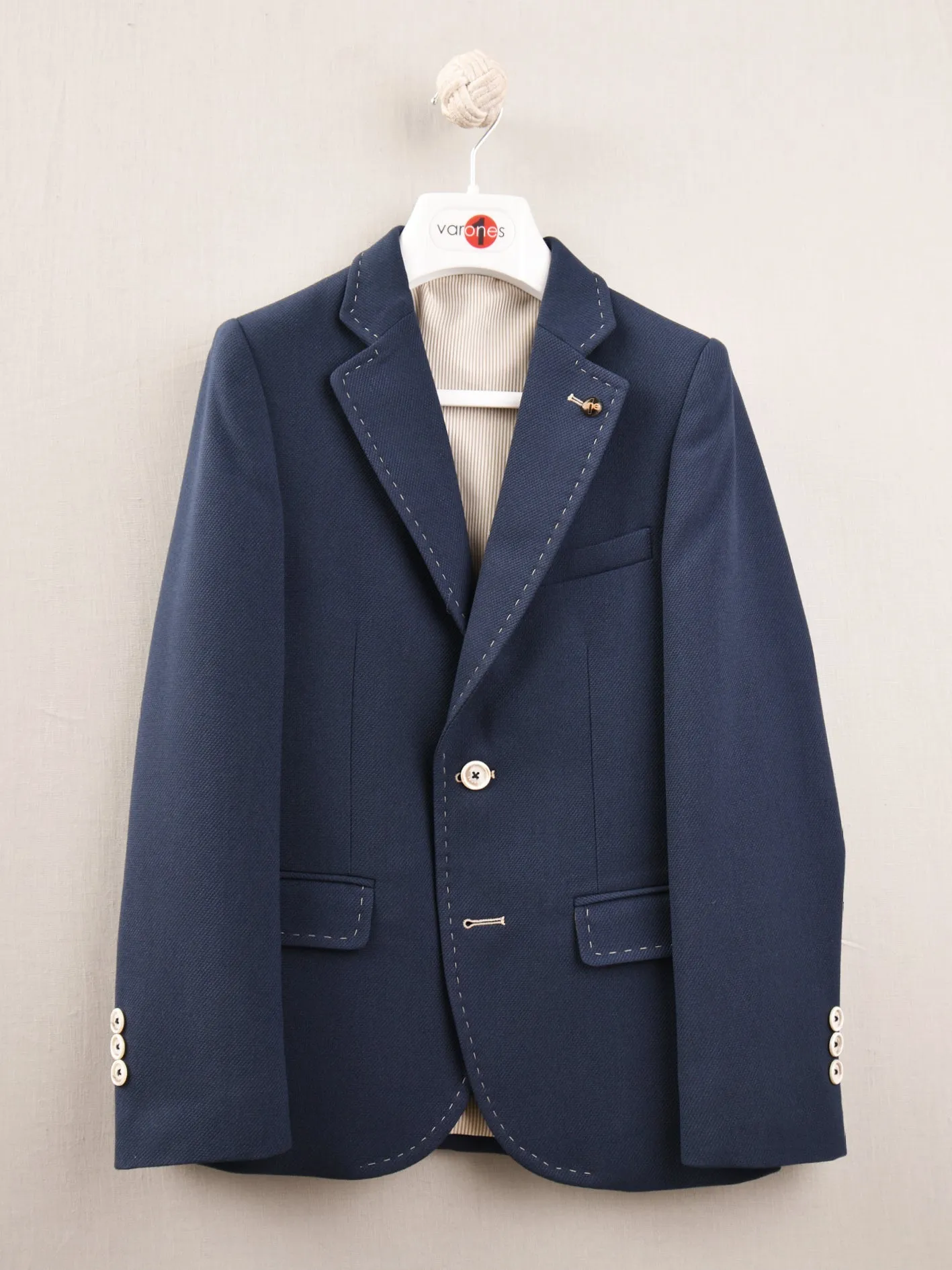 One Varones Boys Navy Blazer With Tan Stitching