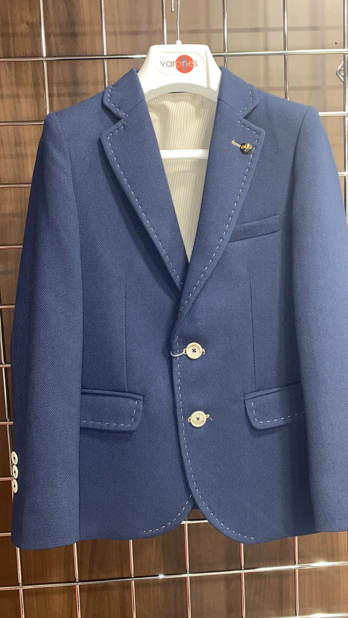 One Varones Boys Navy Blazer With Tan Stitching