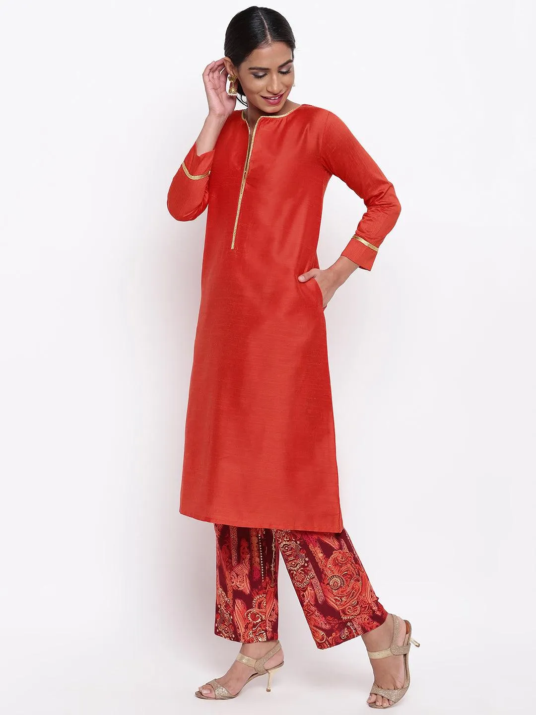 Orange Kurta Foil Pant