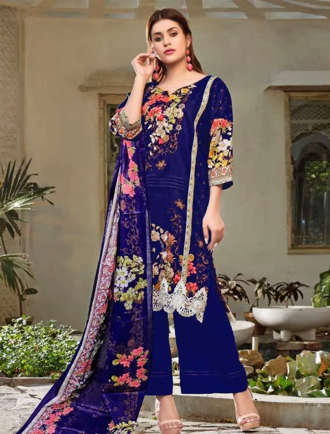 Pakistani Lawn Cotton Blue Salwar Kameez Dress Material