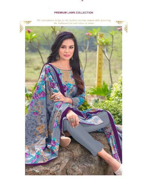 Pakistani Lawn Cotton Unstitched Suit Dress Material Grey