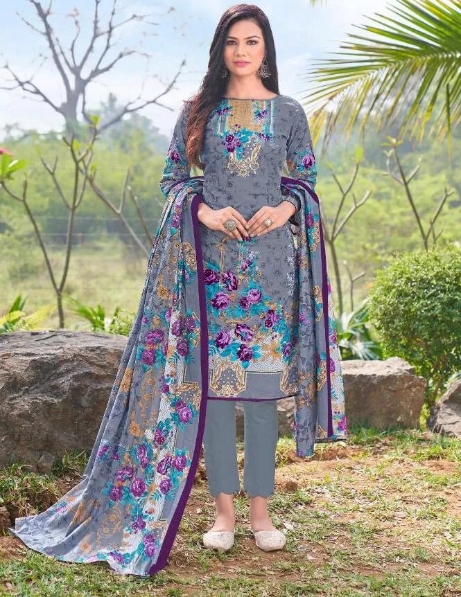 Pakistani Lawn Cotton Unstitched Suit Dress Material Grey