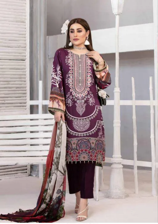 Pakistani Purple Jam Satin Unstitched Cotton Suits for Women