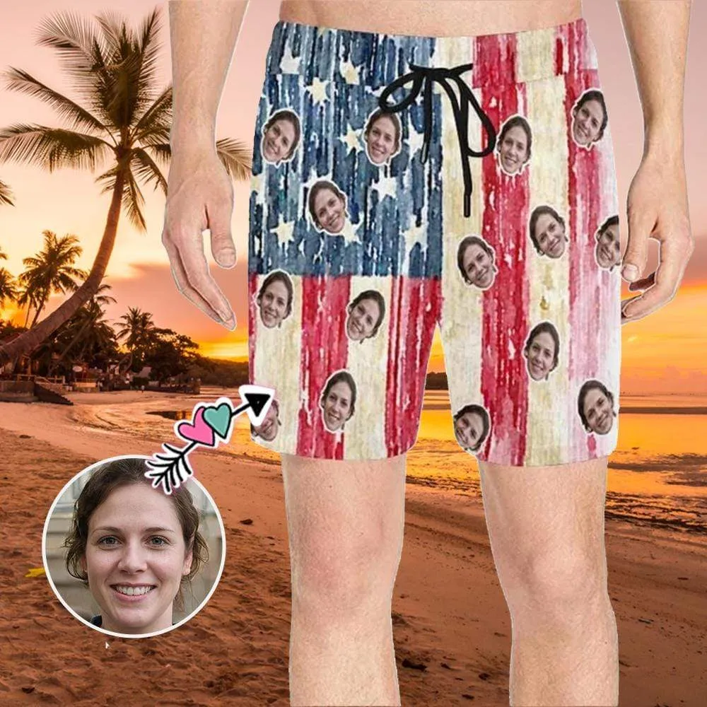 Personalized Swim Trunks Old Style Custom Face American Flag Men's Quick Dry Swim Shorts for Independence Day