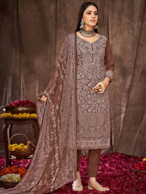 Printed Brown Cotton Unstitched Suit Dress Material