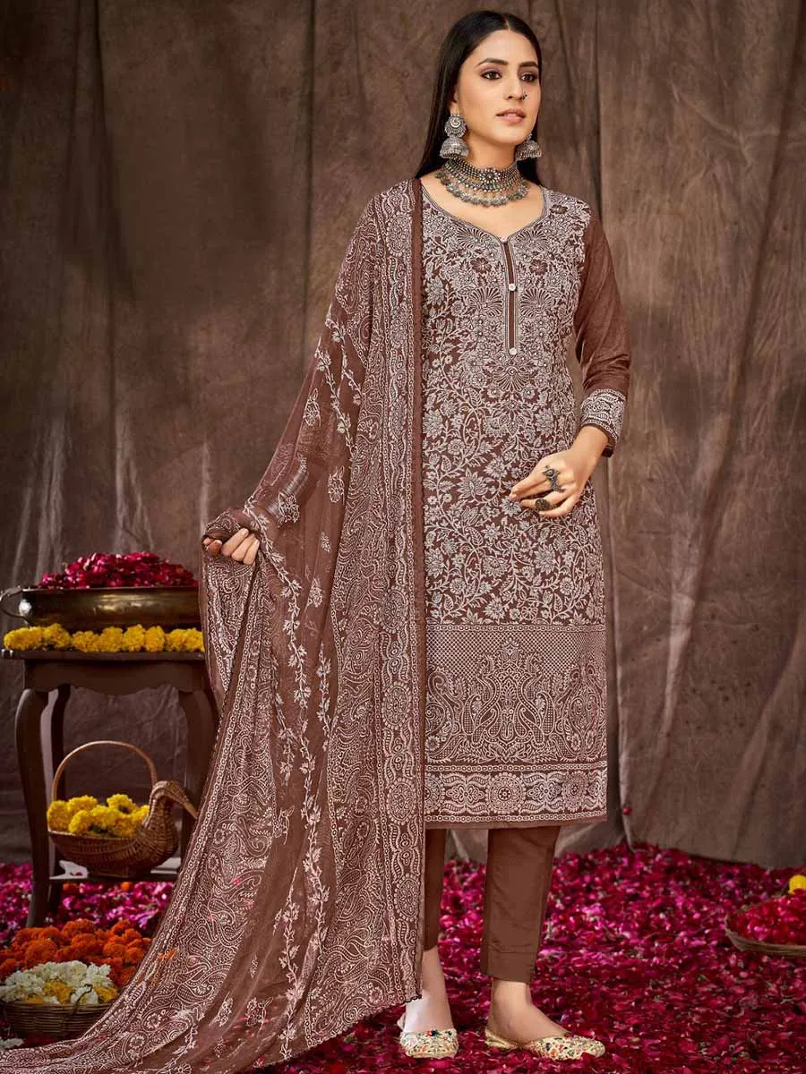 Printed Brown Cotton Unstitched Suit Dress Material