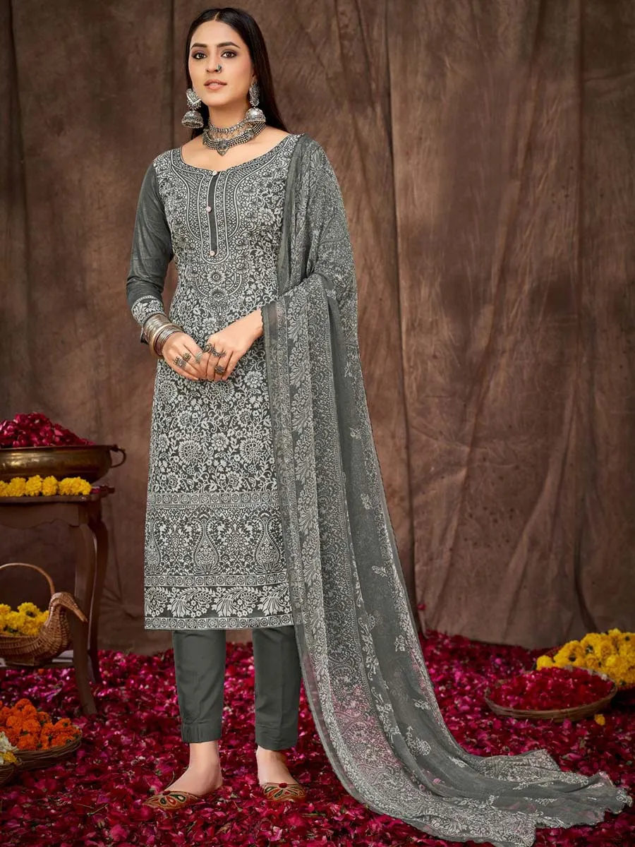 Printed Grey Cotton Unstitched Suit Dress Material