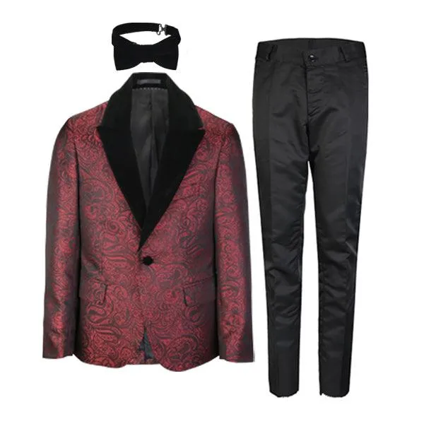 RED DAMASK 3 PIECE SUIT WITH BOW-TIE