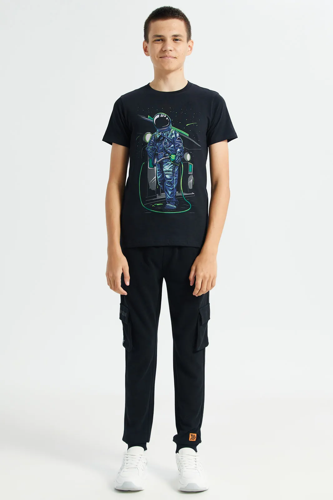 Senior Boys Black Astronaut Print Graphic T-Shirt