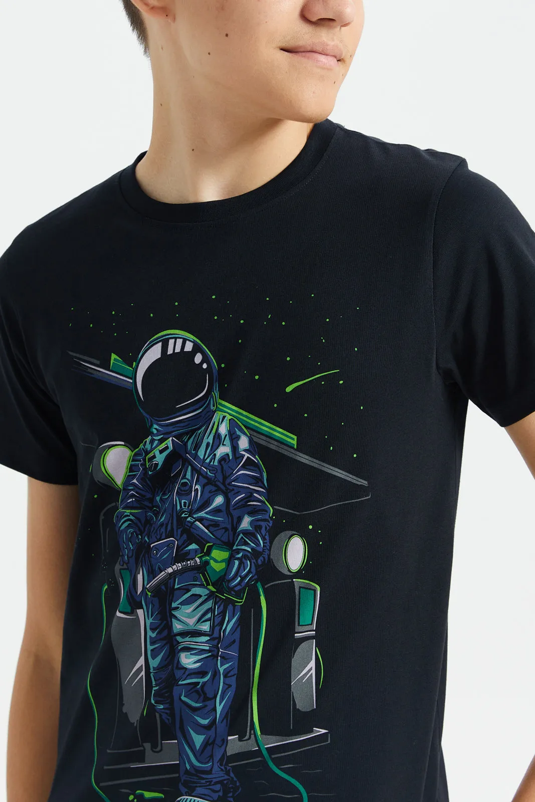 Senior Boys Black Astronaut Print Graphic T-Shirt