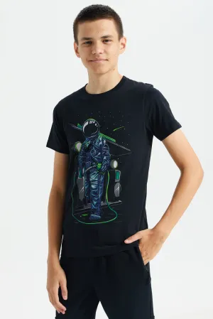 Senior Boys Black Astronaut Print Graphic T-Shirt