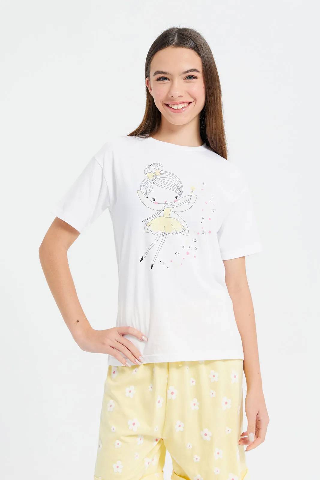 Senior Girls White And Yellow Pajama Set (2 Piece)