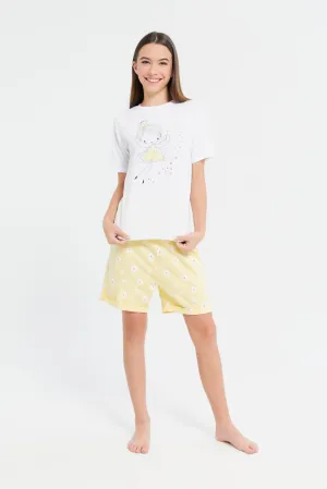 Senior Girls White And Yellow Pajama Set (2 Piece)