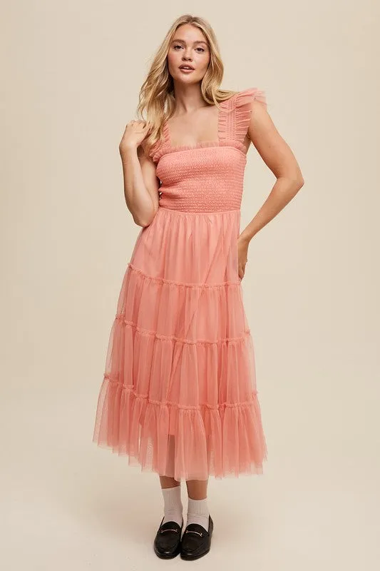 Smocked Ruffle Tiered Mesh Dress