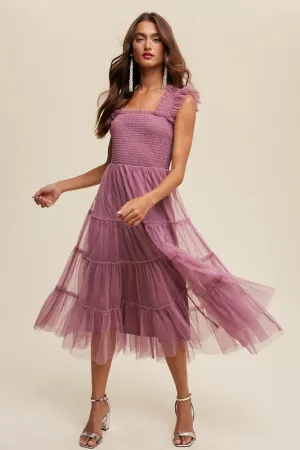 Smocked Ruffle Tiered Mesh Dress