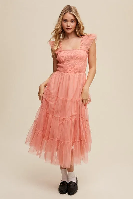 Smocked Ruffle Tiered Mesh Dress