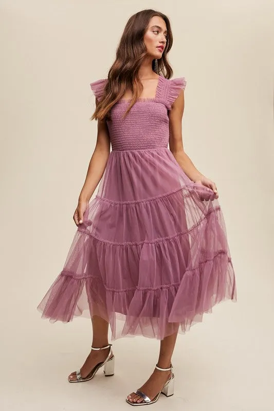 Smocked Ruffle Tiered Mesh Dress