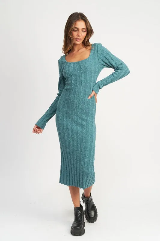 Square Neckline Ribbed Knit Midi Dress