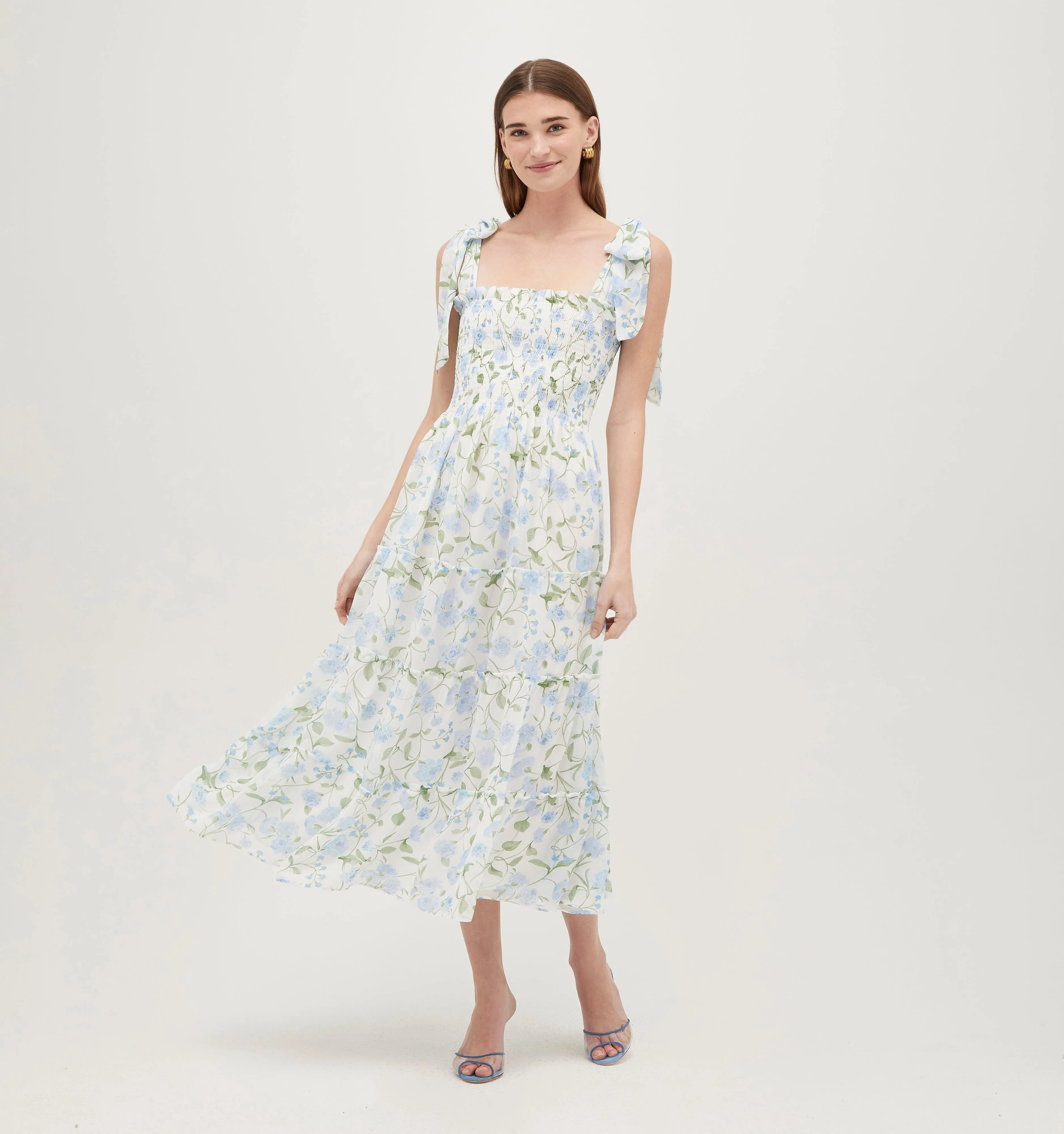 The Ribbon Ellie Nap Dress - Blue Peony Bouquet Georgette