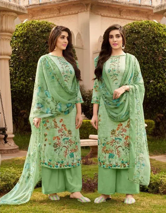 Unstitched Punjabi Ladies cotton Salwar Suit Fabric With Green Dupatta