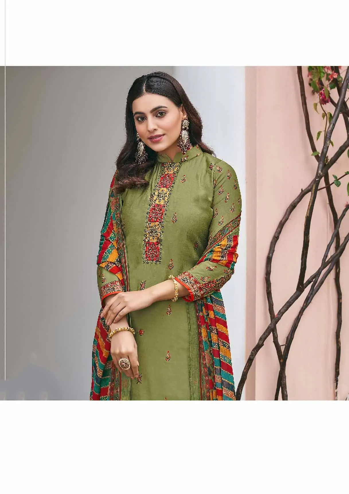 Viscose Silk Party Wear Green Unstitched Suits Dress Material