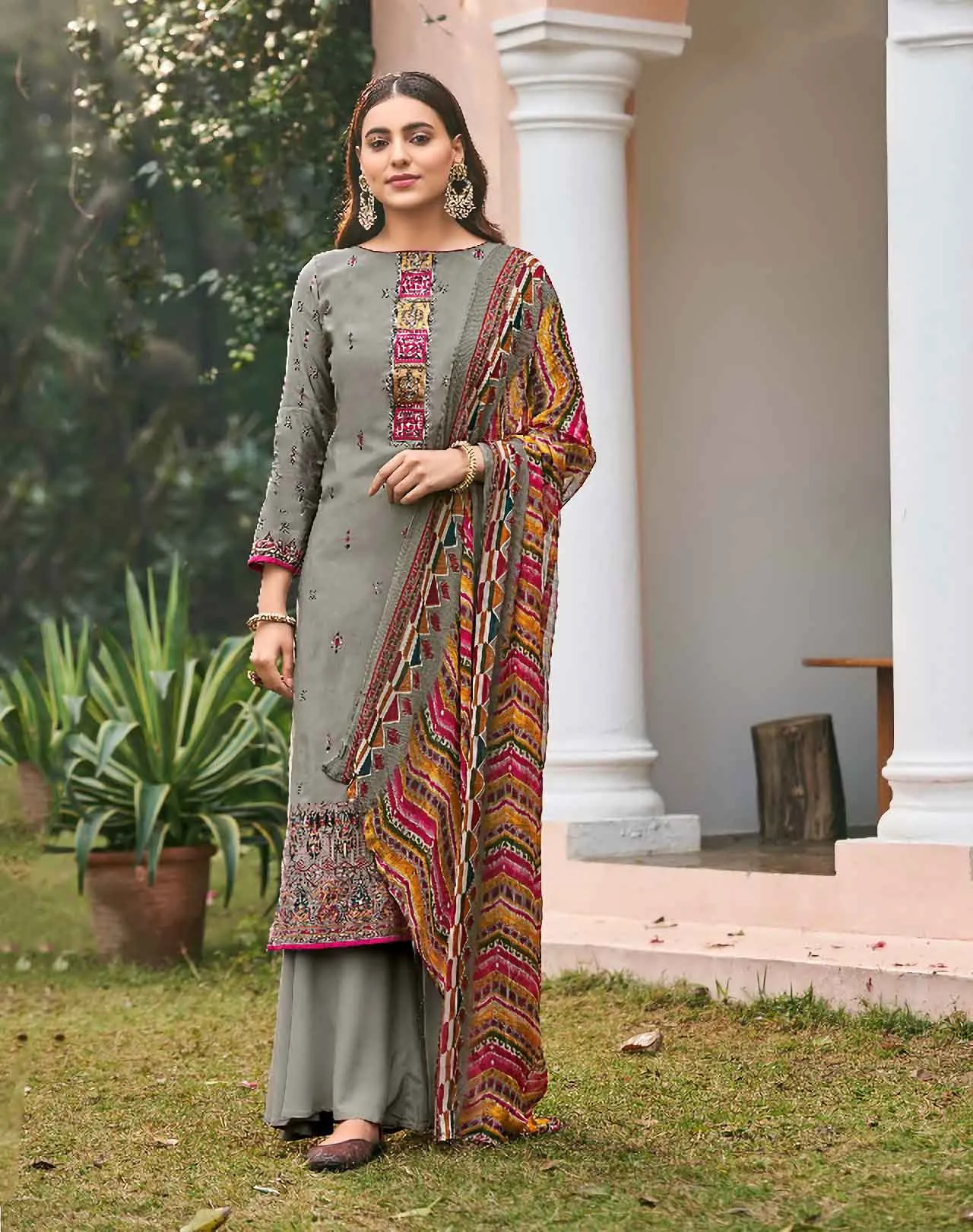 Viscose Silk Party Wear Grey Unstitched Suits Dress Material