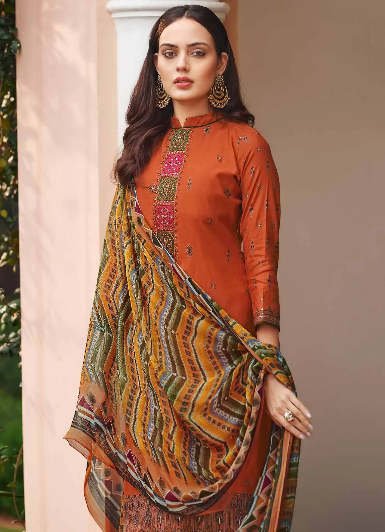 Viscose Silk Party Wear Orange Unstitched Suits Dress Material