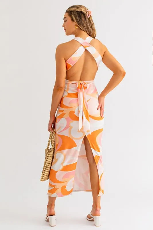 White-Orange Casual Sleeveless Midi Dress