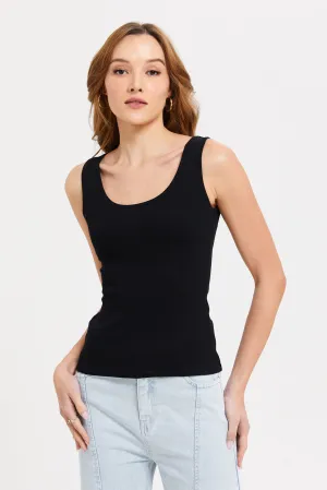 Women Black Plain Rib Vest