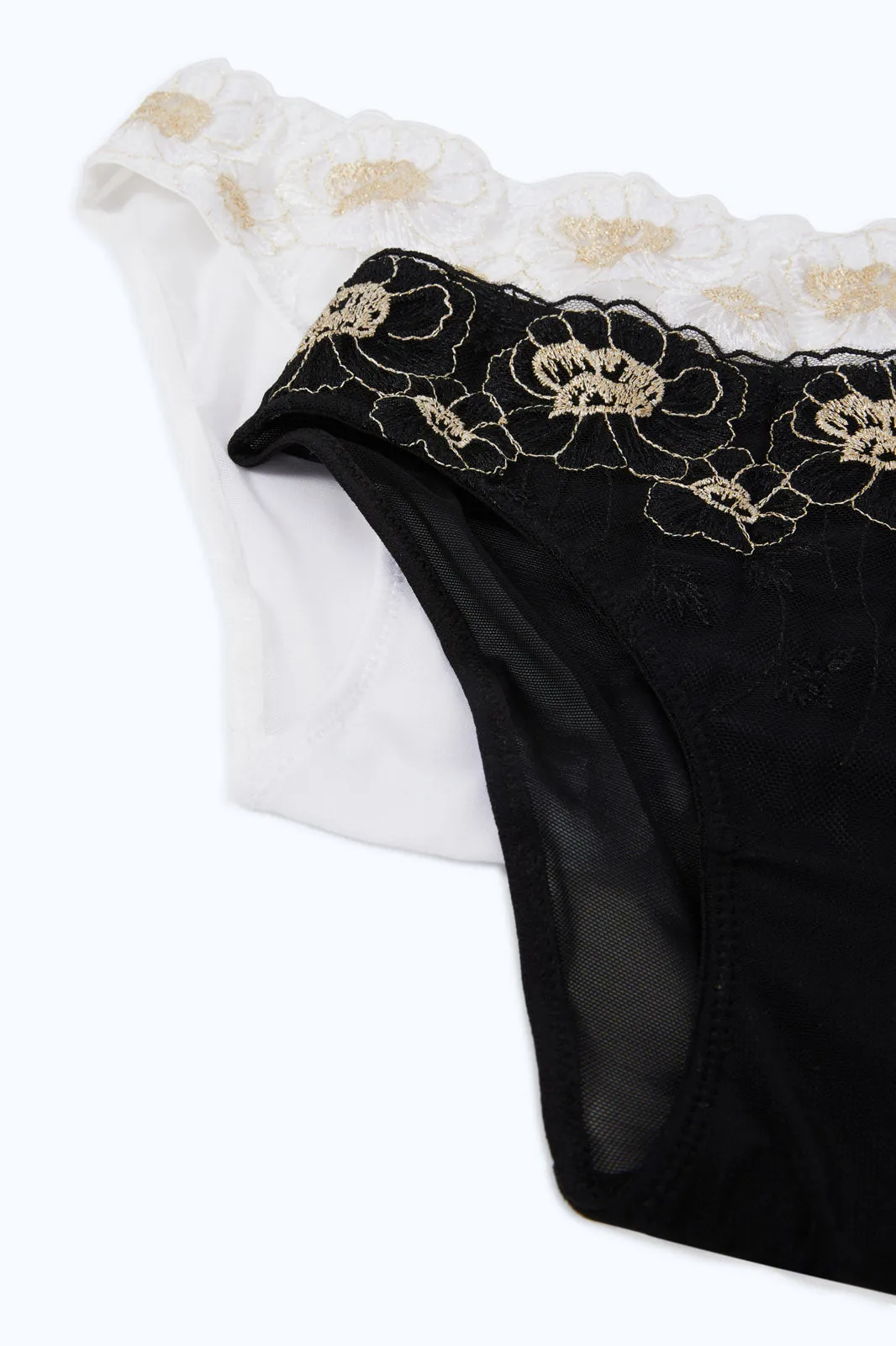 Women Embroidery Balck And White Briefs Set (Pack Of 2)